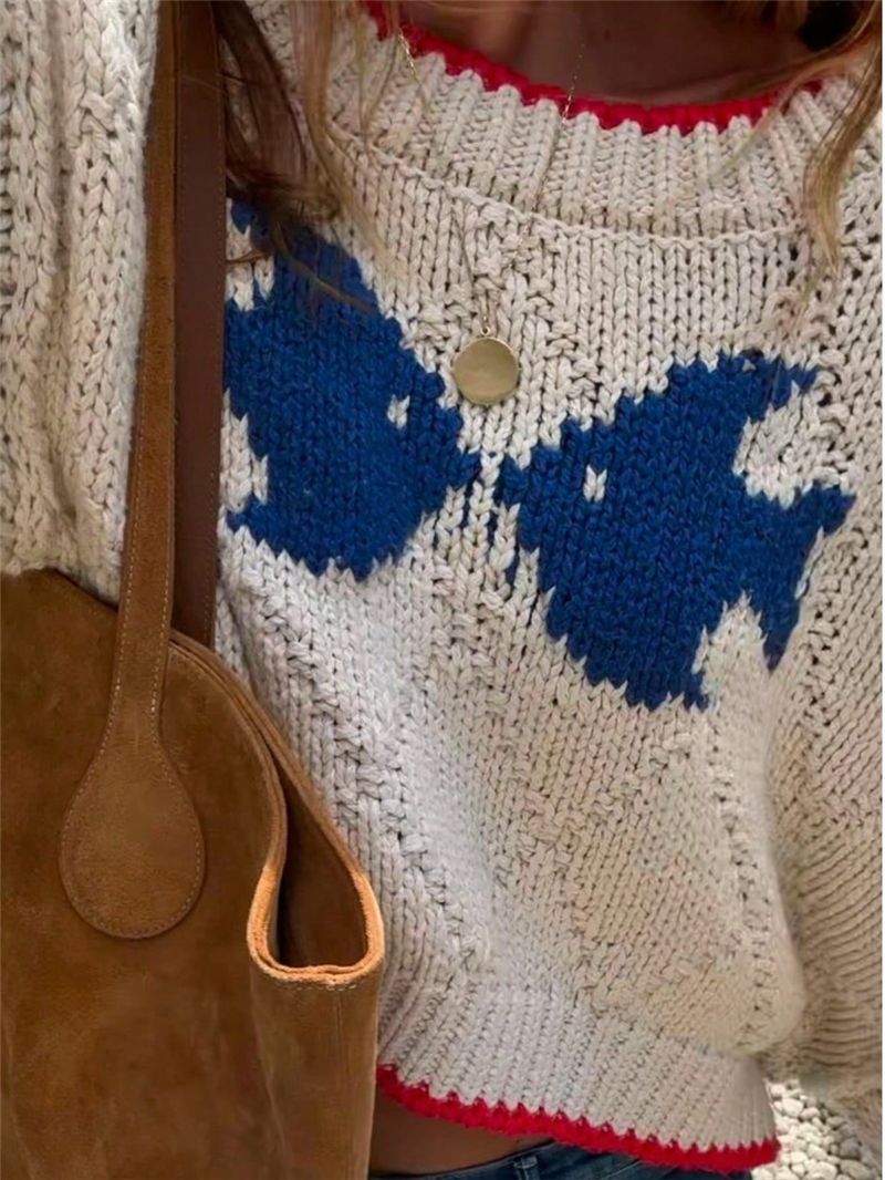 Color - Block Trim Cartoon - Jacquard Crop Sweater