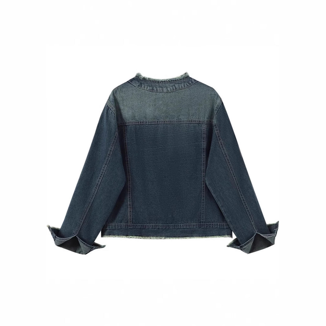 Frayed Round Neck Denim Jacket