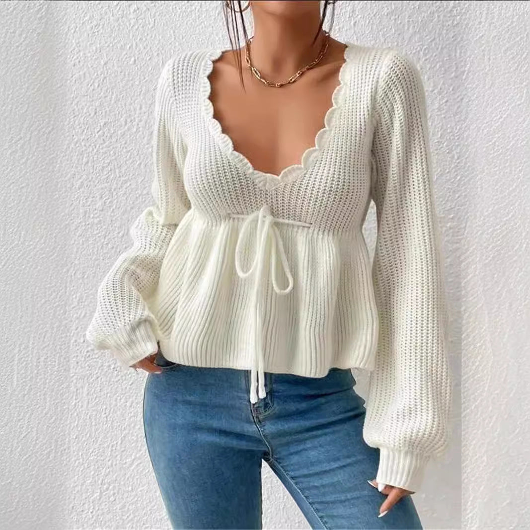 Deep V - Neck Ruffled Knit Top