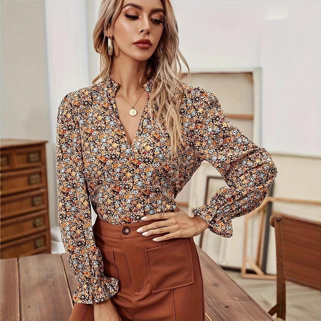 Vintage Floral V-Neck Long-Sleeve Blouse