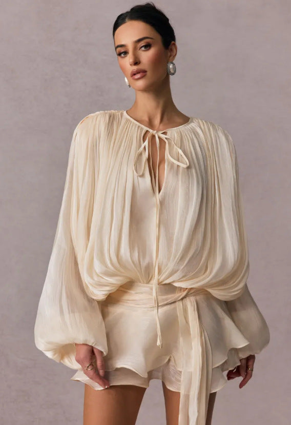 Women'S Solid Color Shirt Mini Dress V-Neck Long Sleeve Spliced Lace-Up Sweet Style Dress Women'S Clothing