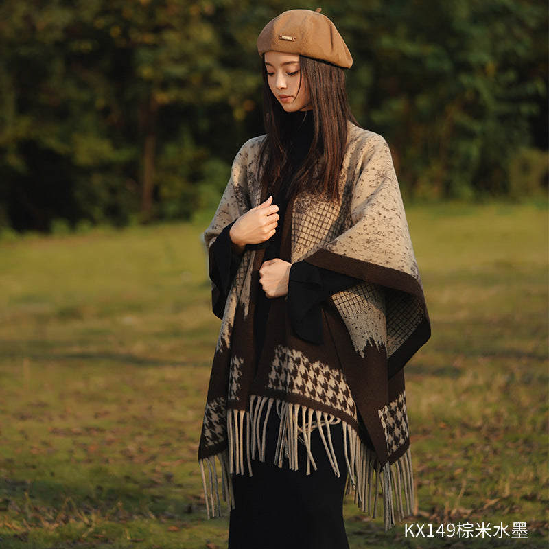New Ink Painting Shawl High-End Travel Decoration Exterior Shawl Long Retro Cloak Tassel Cloak