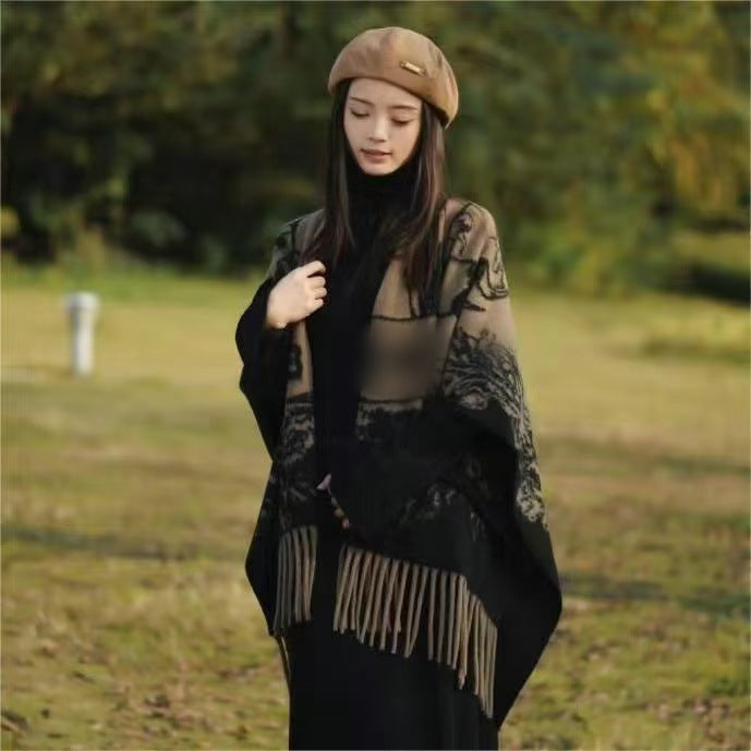 New Ink Painting Shawl High-End Travel Decoration Exterior Shawl Long Retro Cloak Tassel Cloak