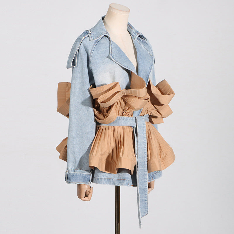 Denim Patchwork 3D Pleated Trench Coat
