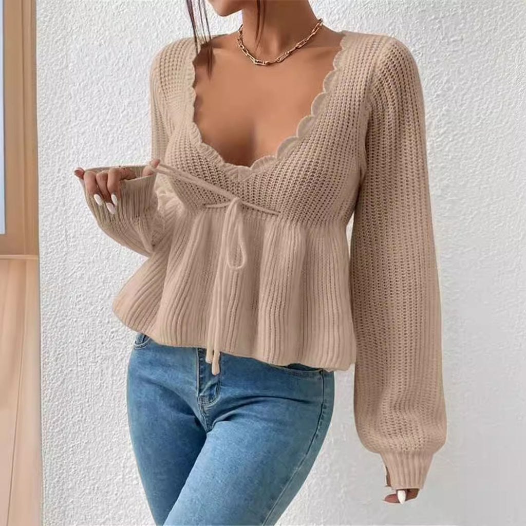 Deep V - Neck Ruffled Knit Top