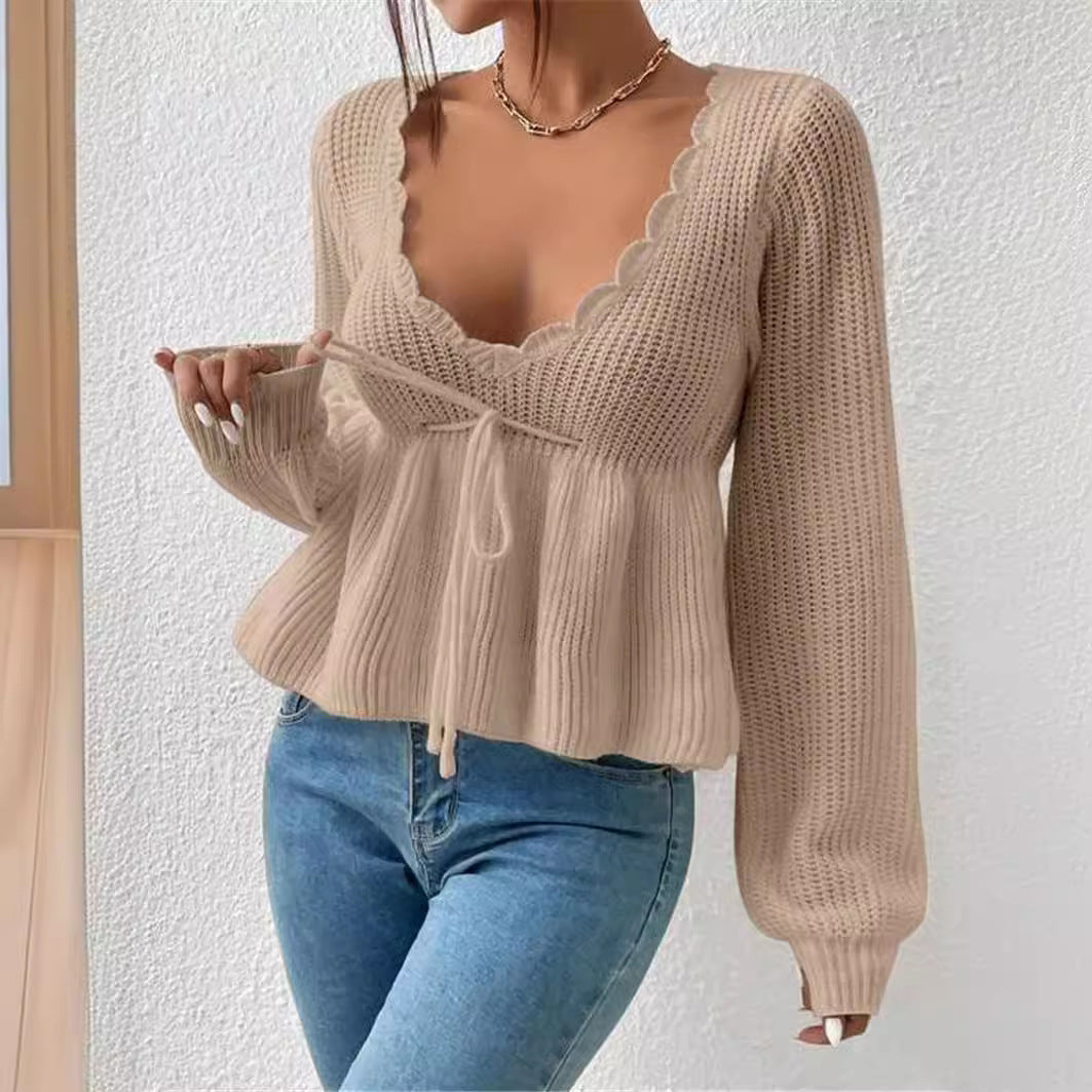 Deep V - Neck Ruffled Knit Top
