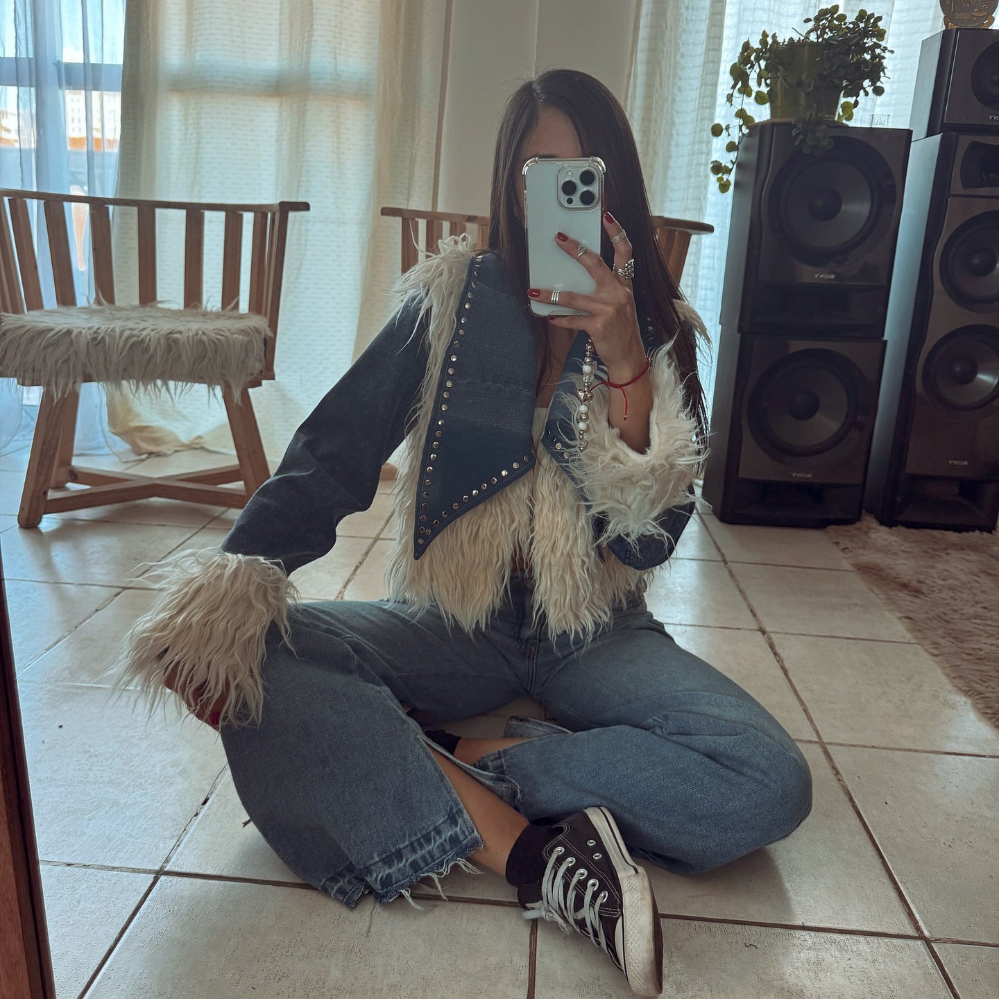 Fur - Panelled Rivet Denim Short Jacket