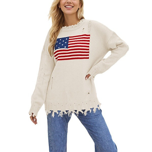 Distressed American Flag Pattern Knit Sweater