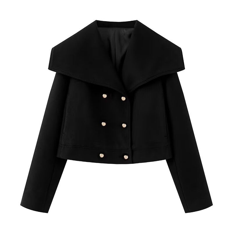Crop Double - Breasted Wool Coat with Shawl Collar