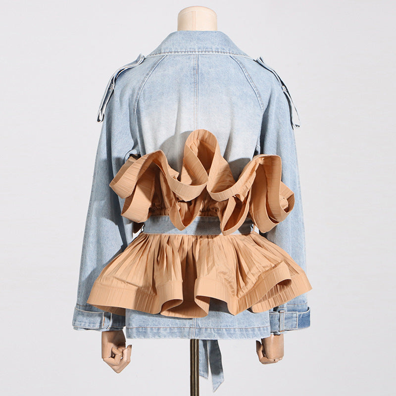 Denim Patchwork 3D Pleated Trench Coat
