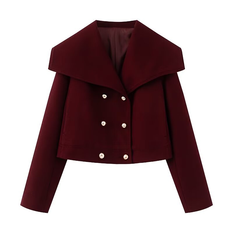 Crop Double - Breasted Wool Coat with Shawl Collar