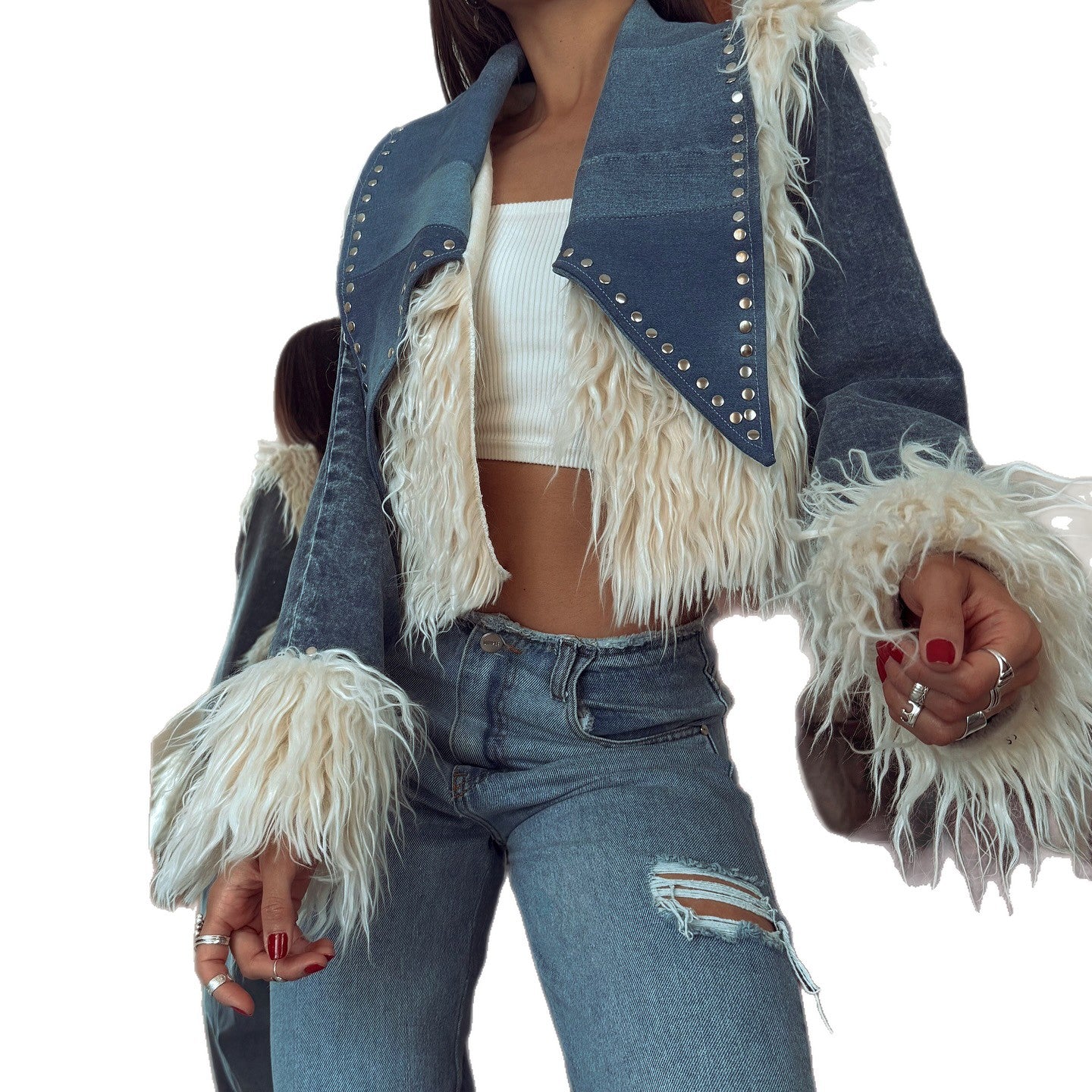 Fur - Panelled Rivet Denim Short Jacket