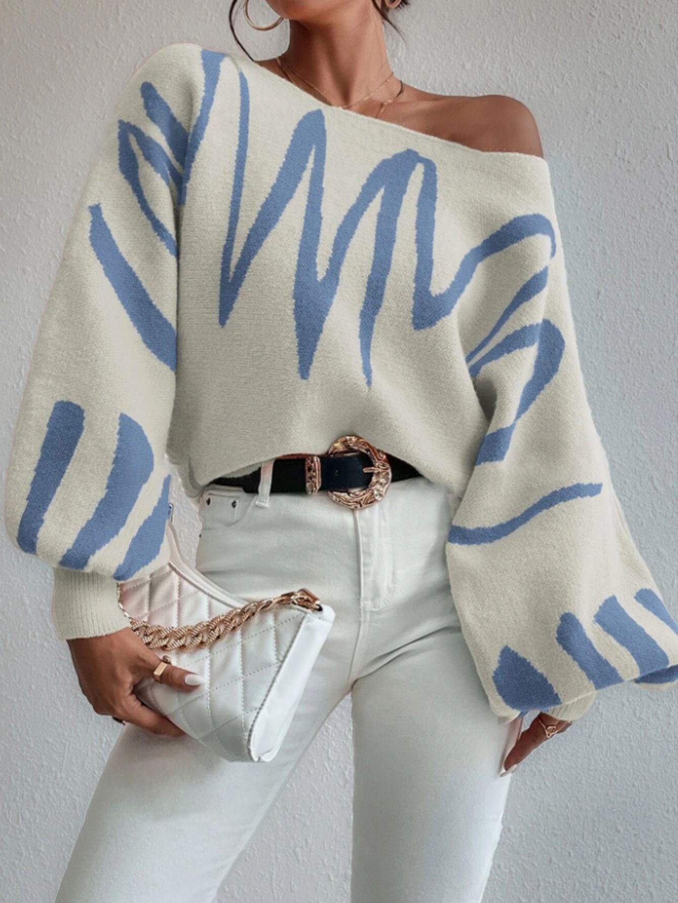 Abstract Line Pattern Lantern - Sleeve Knit Top
