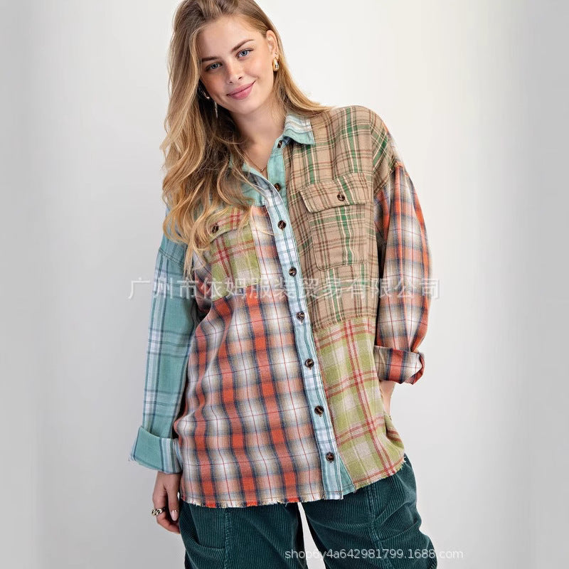 Color - Blocked Plaid Retro Loose Shirt