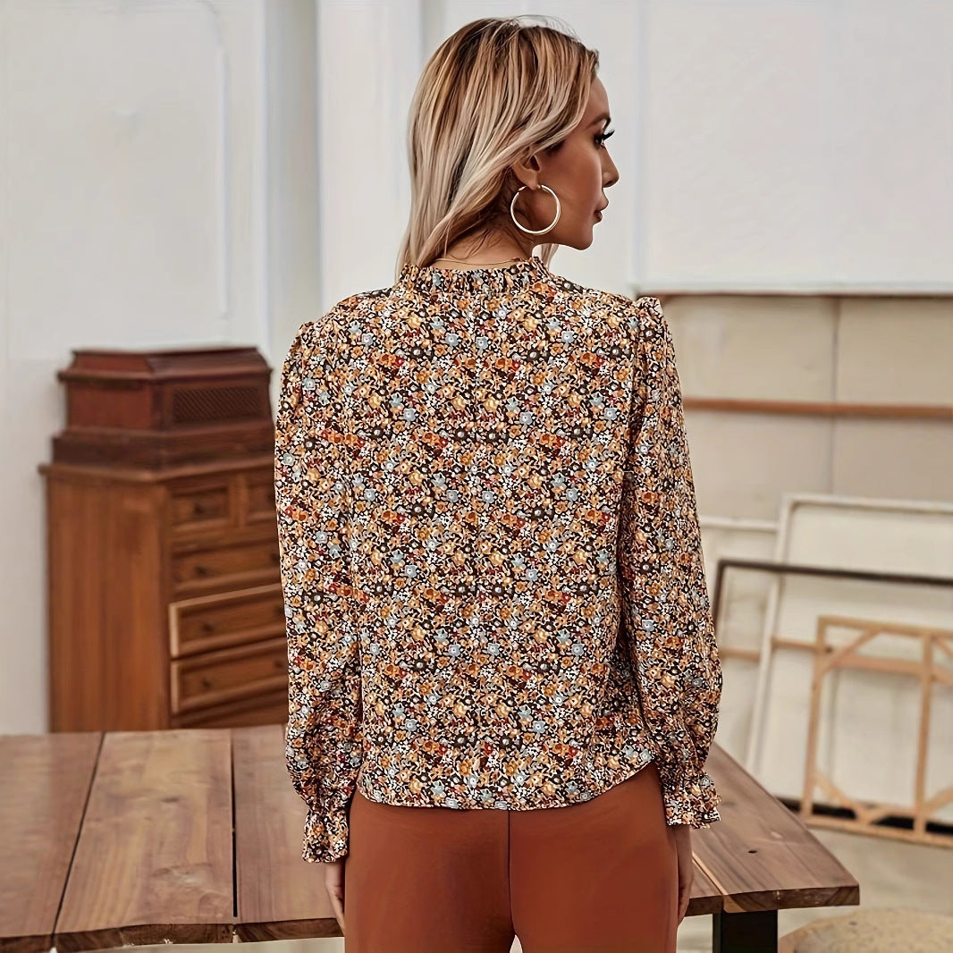 Vintage Floral V-Neck Long-Sleeve Blouse