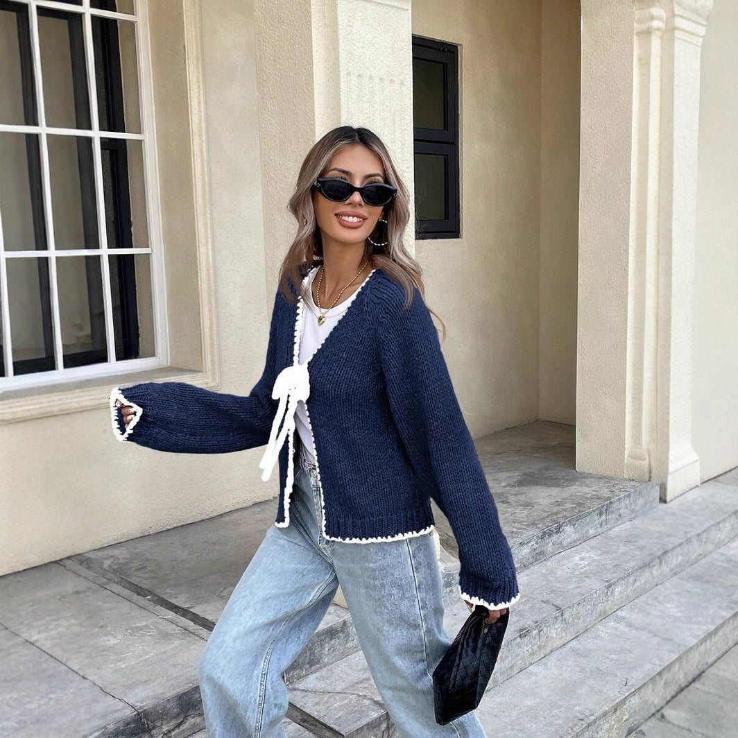 Color - Block Trim Cropped Knit Cardigan