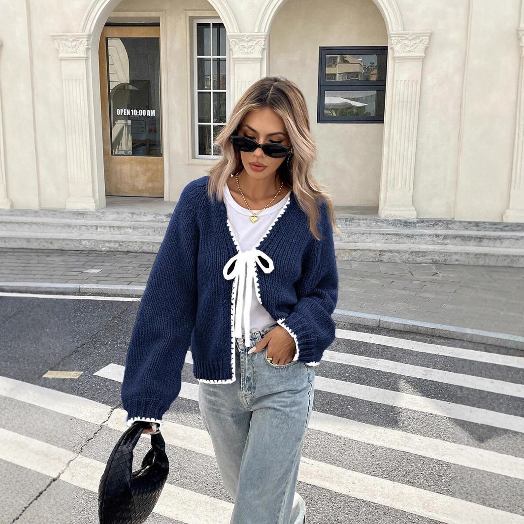Color - Block Trim Cropped Knit Cardigan