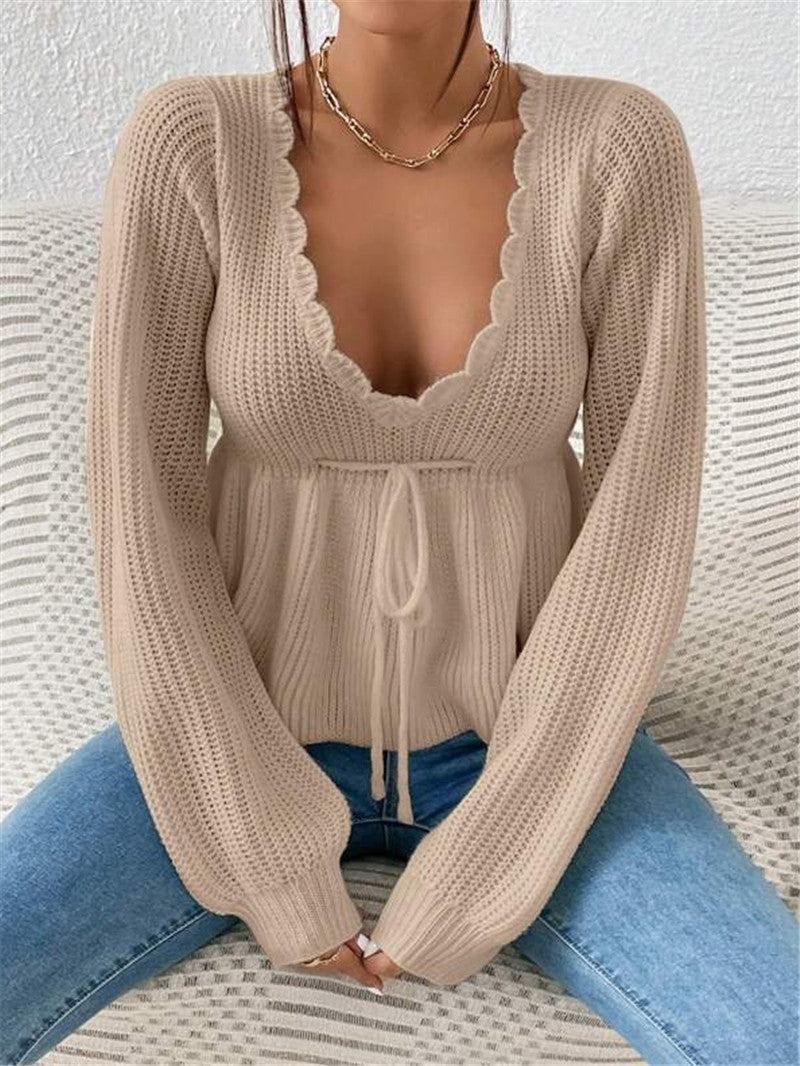 Deep V - Neck Ruffled Knit Top