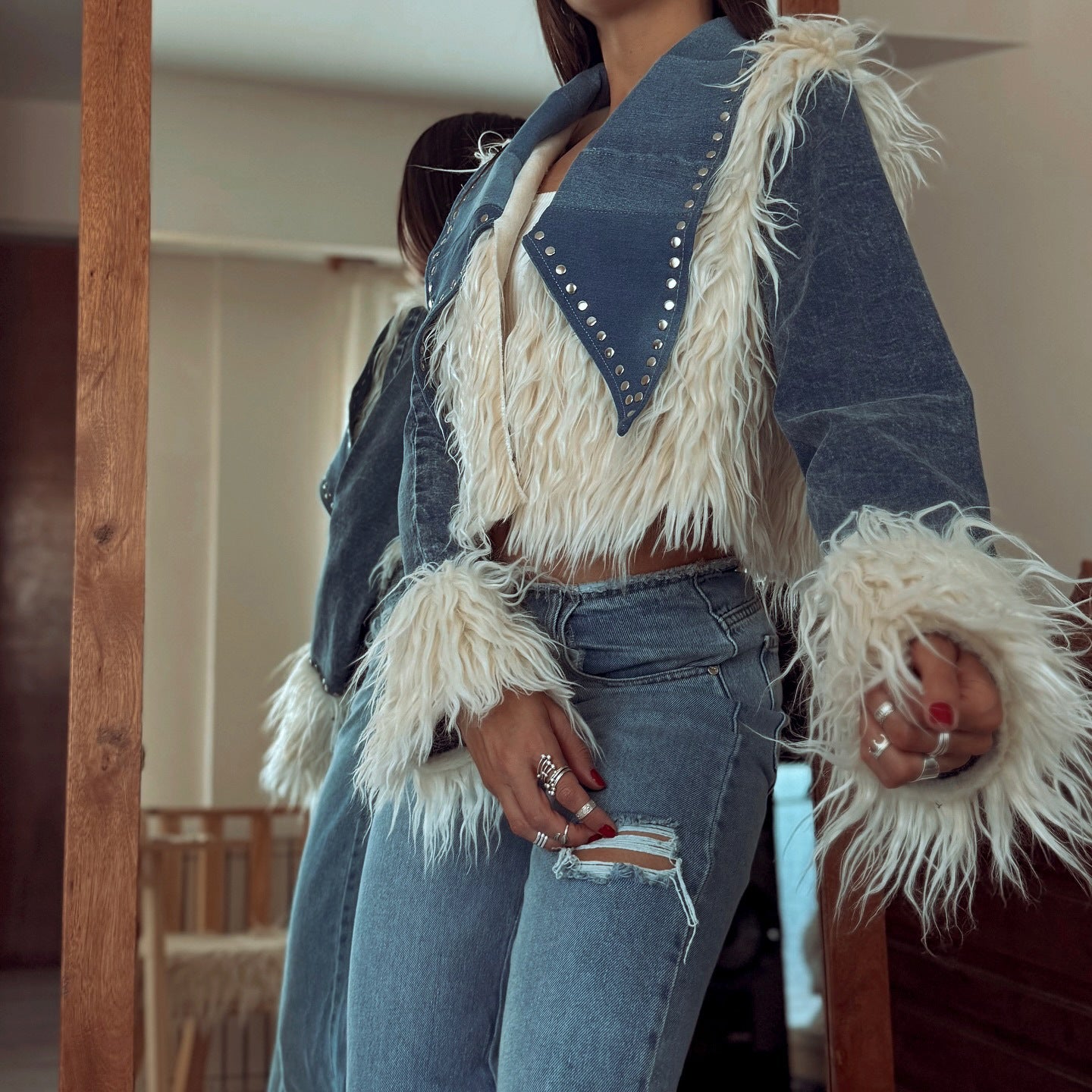 Fur - Panelled Rivet Denim Short Jacket