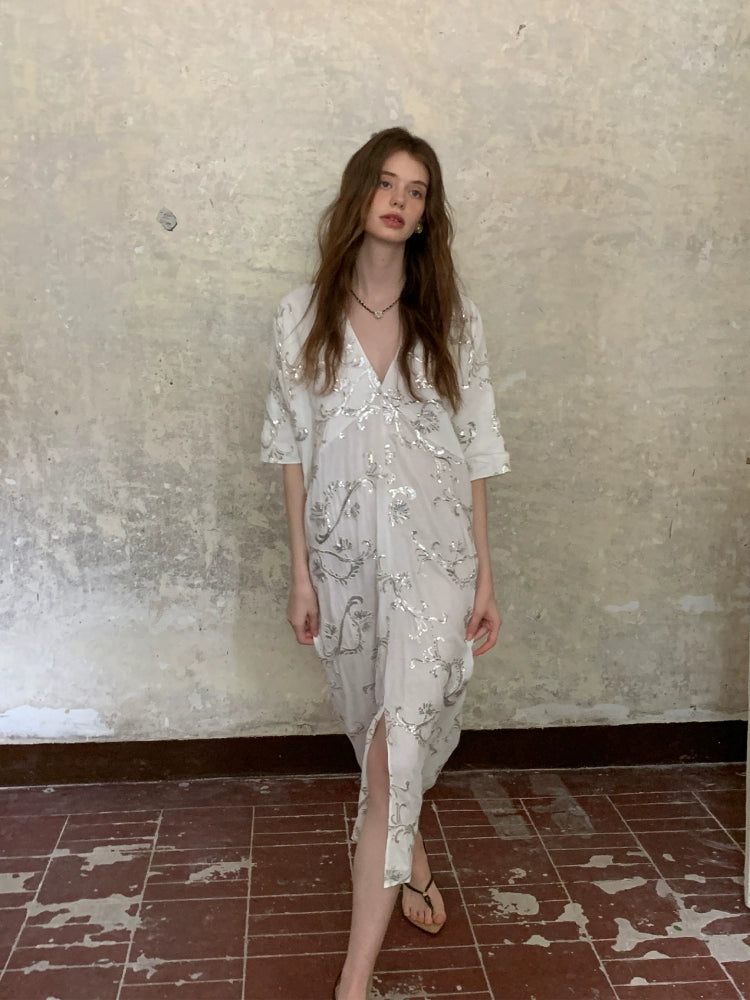 White Sequin - Embroidered V - Neck Half - Sleeve Maxi Dress