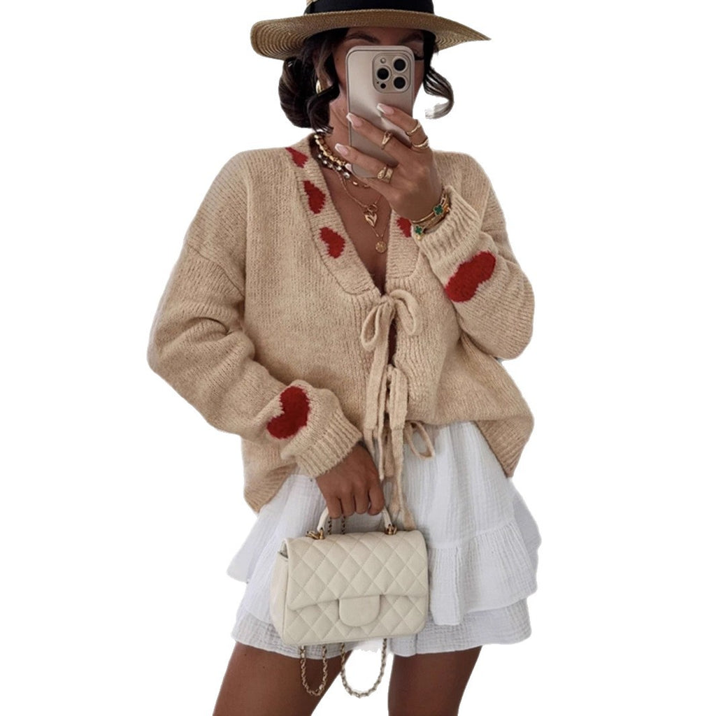 Camel Love - Pattern Tie - Front V - Neck Knit Cardigan
