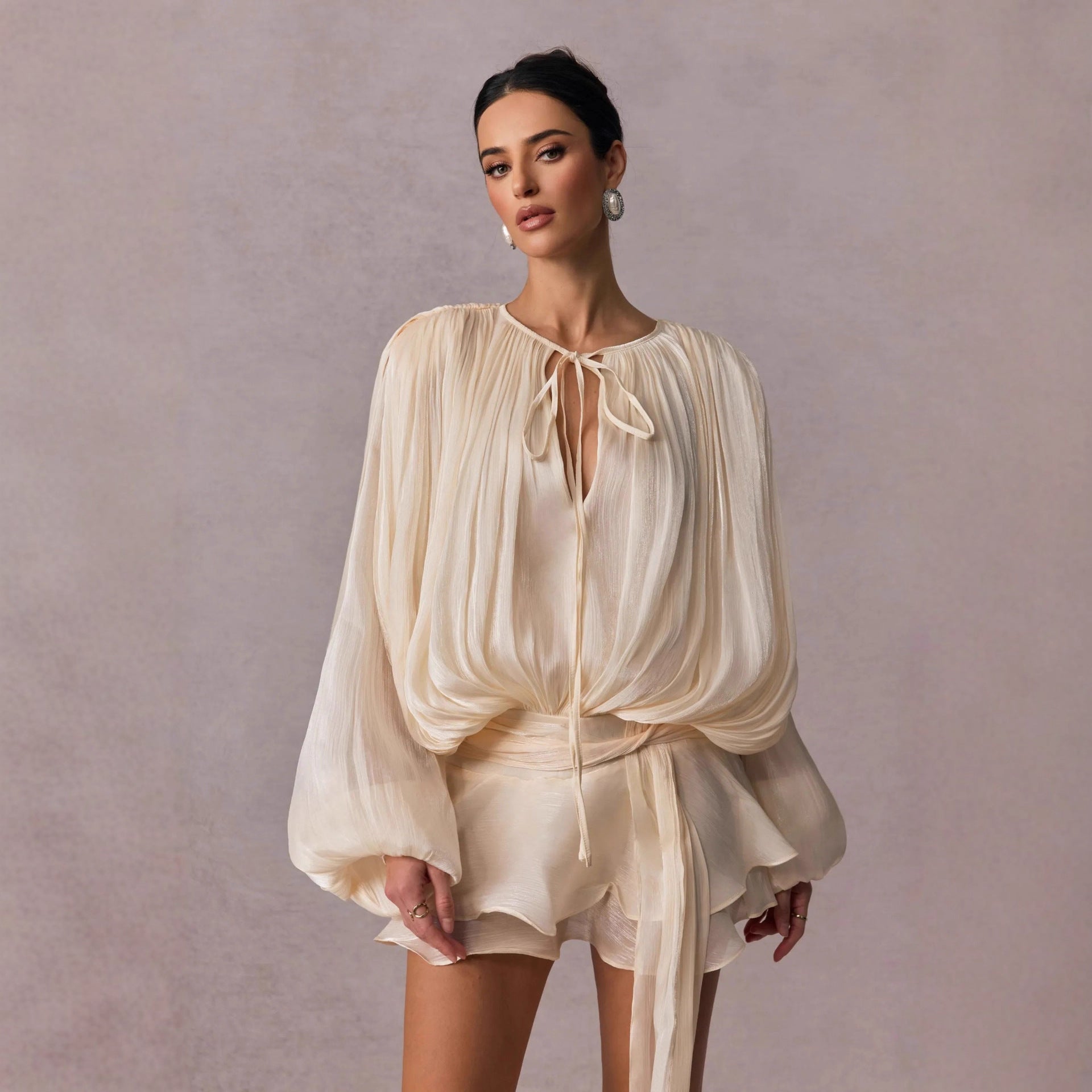 Women'S Solid Color Shirt Mini Dress V-Neck Long Sleeve Spliced Lace-Up Sweet Style Dress Women'S Clothing