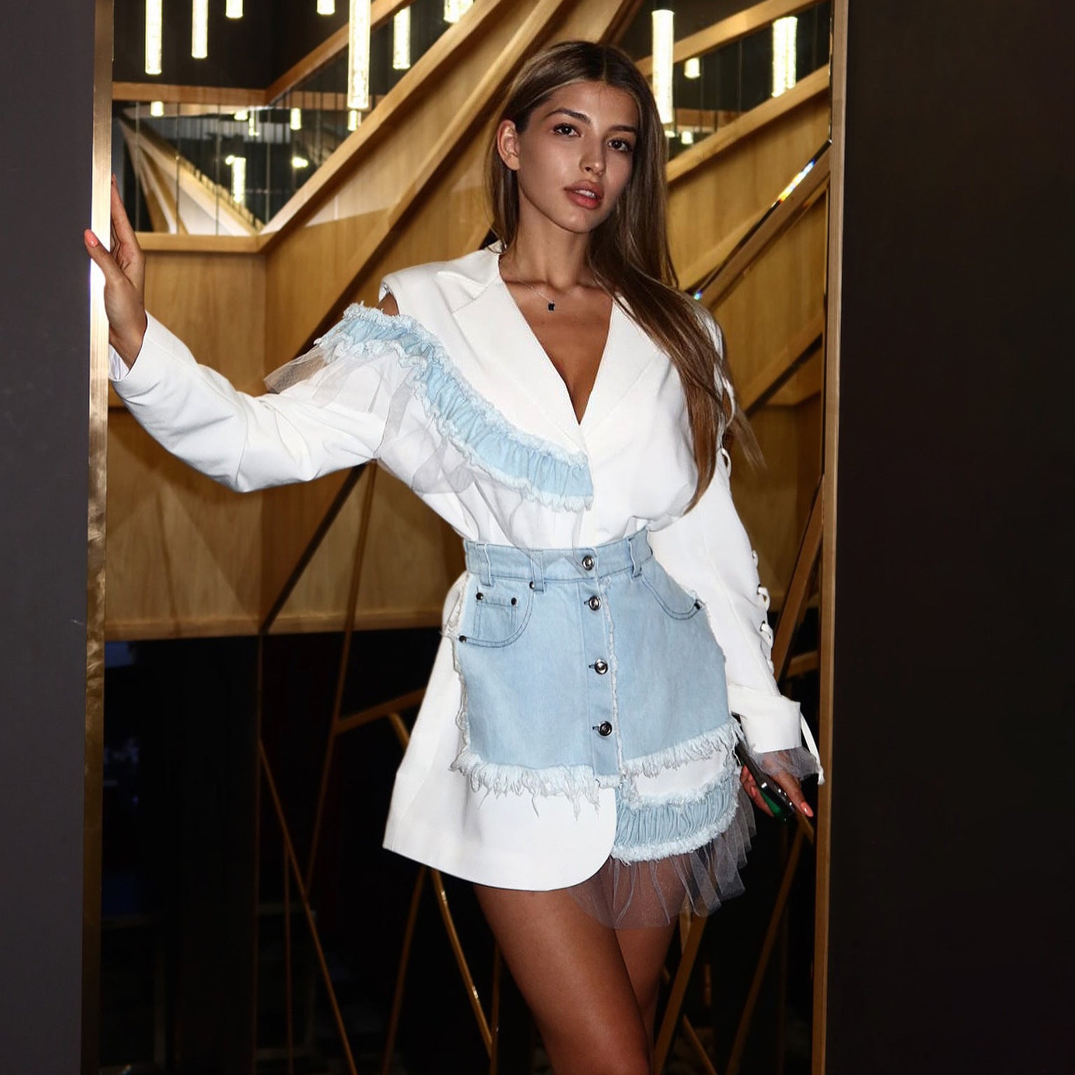 Denim Patchwork Tulle Asymmetric Set