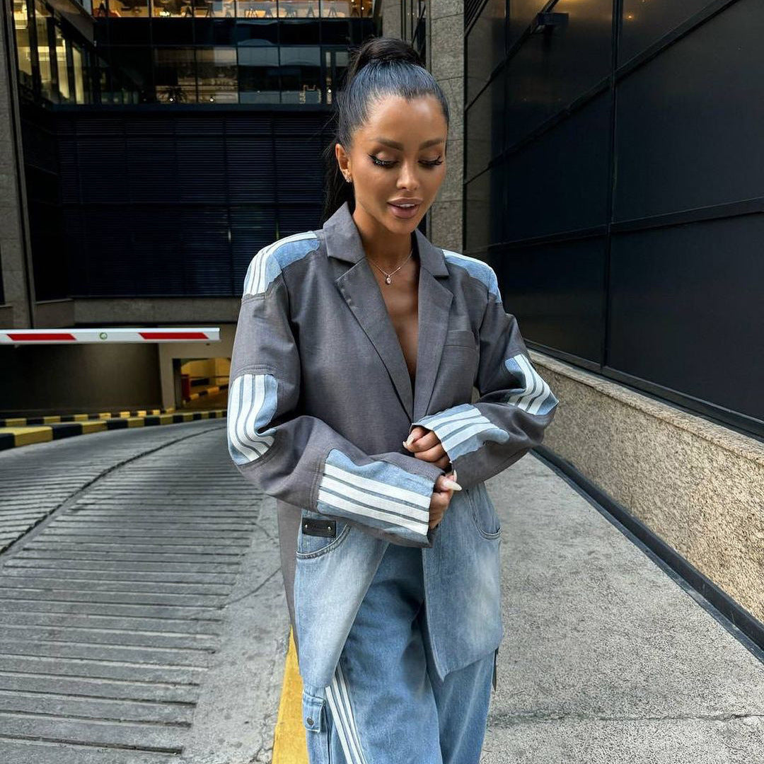 Color - Block Patchwork Suit - Collar Denim Jacket