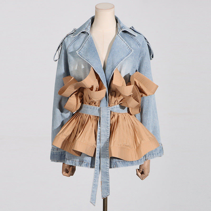 Denim Patchwork 3D Pleated Trench Coat