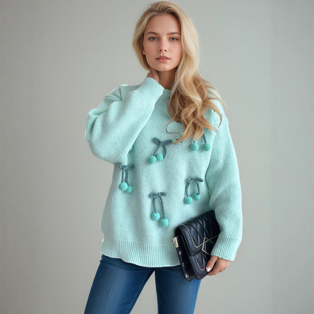 Color - Blocked Three - Dimensional Cherry Knitted Loose Pullover Sweater