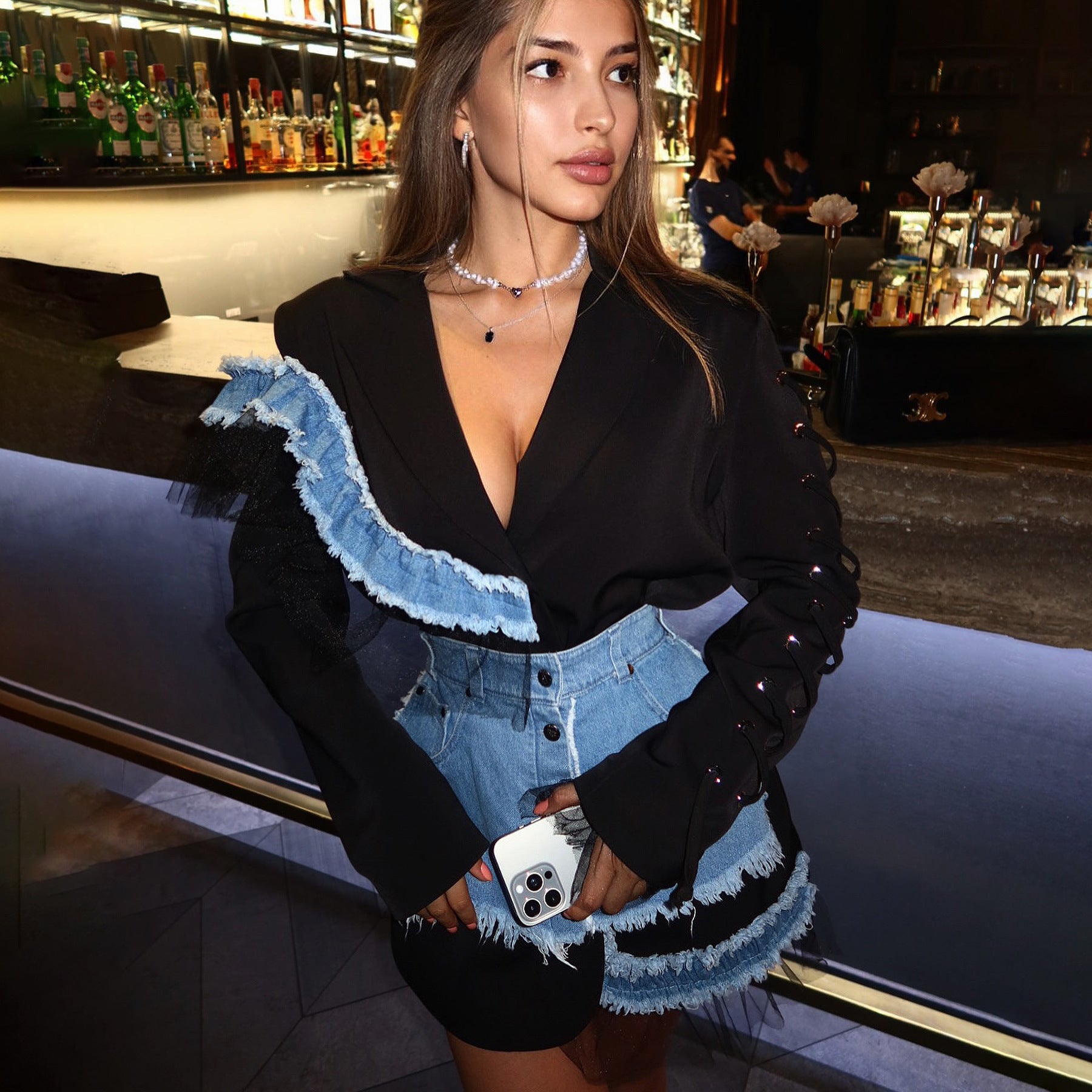 Denim Patchwork Tulle Asymmetric Set