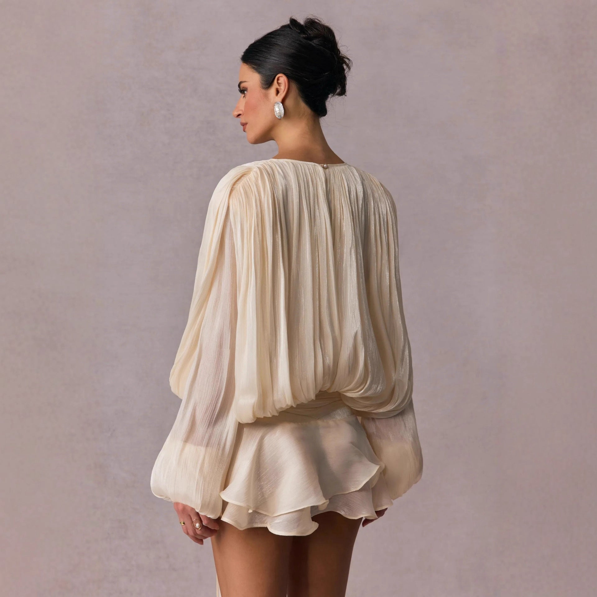 Women'S Solid Color Shirt Mini Dress V-Neck Long Sleeve Spliced Lace-Up Sweet Style Dress Women'S Clothing