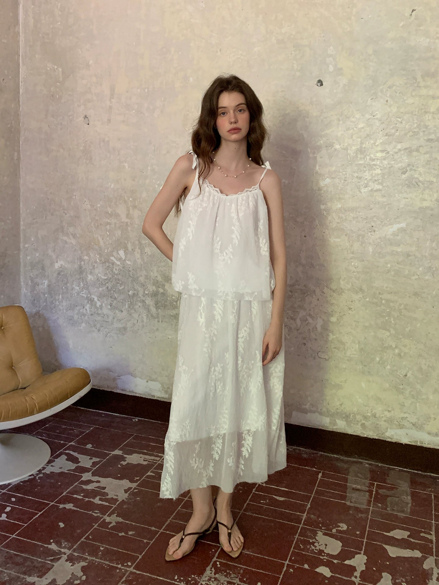 White Embroidered Spaghetti - Strap Two - Piece Maxi Dress