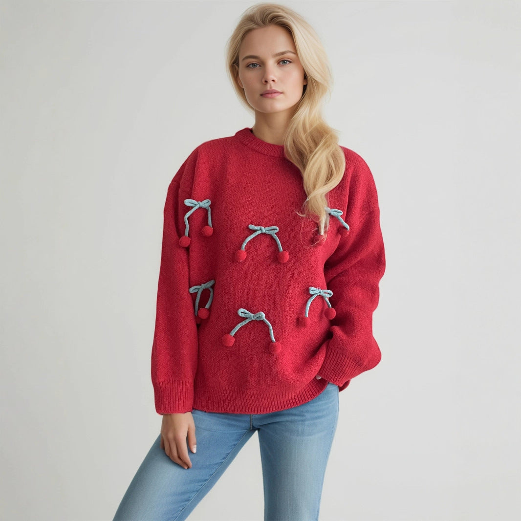 Color - Blocked Three - Dimensional Cherry Knitted Loose Pullover Sweater