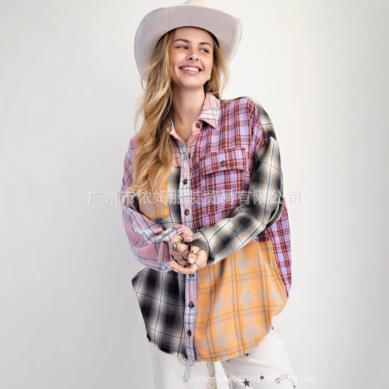 Color - Blocked Plaid Retro Loose Shirt