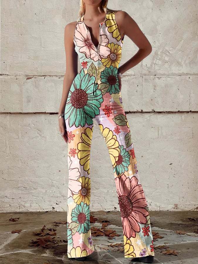 Retro Print Deep V - neck Flared - sleeve Jumpsuit