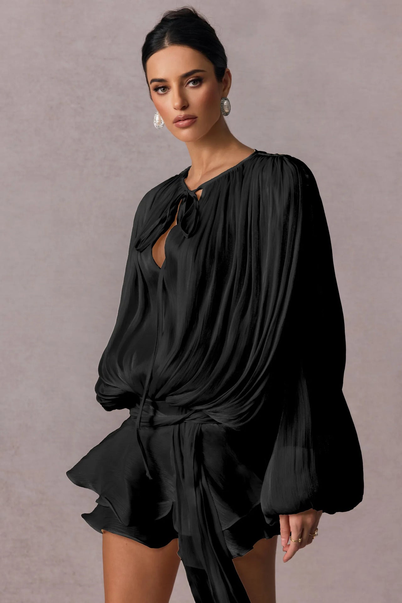 Women'S Solid Color Shirt Mini Dress V-Neck Long Sleeve Spliced Lace-Up Sweet Style Dress Women'S Clothing