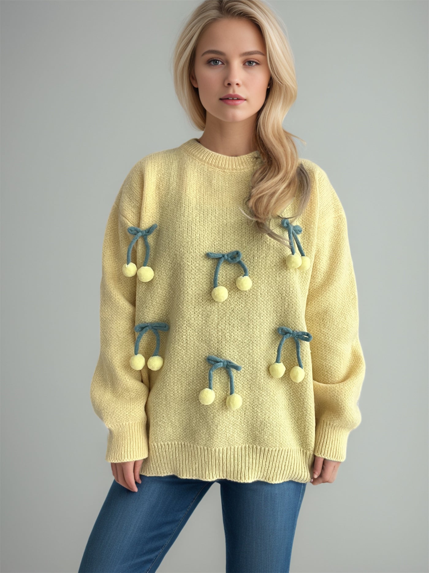 Color - Blocked Three - Dimensional Cherry Knitted Loose Pullover Sweater