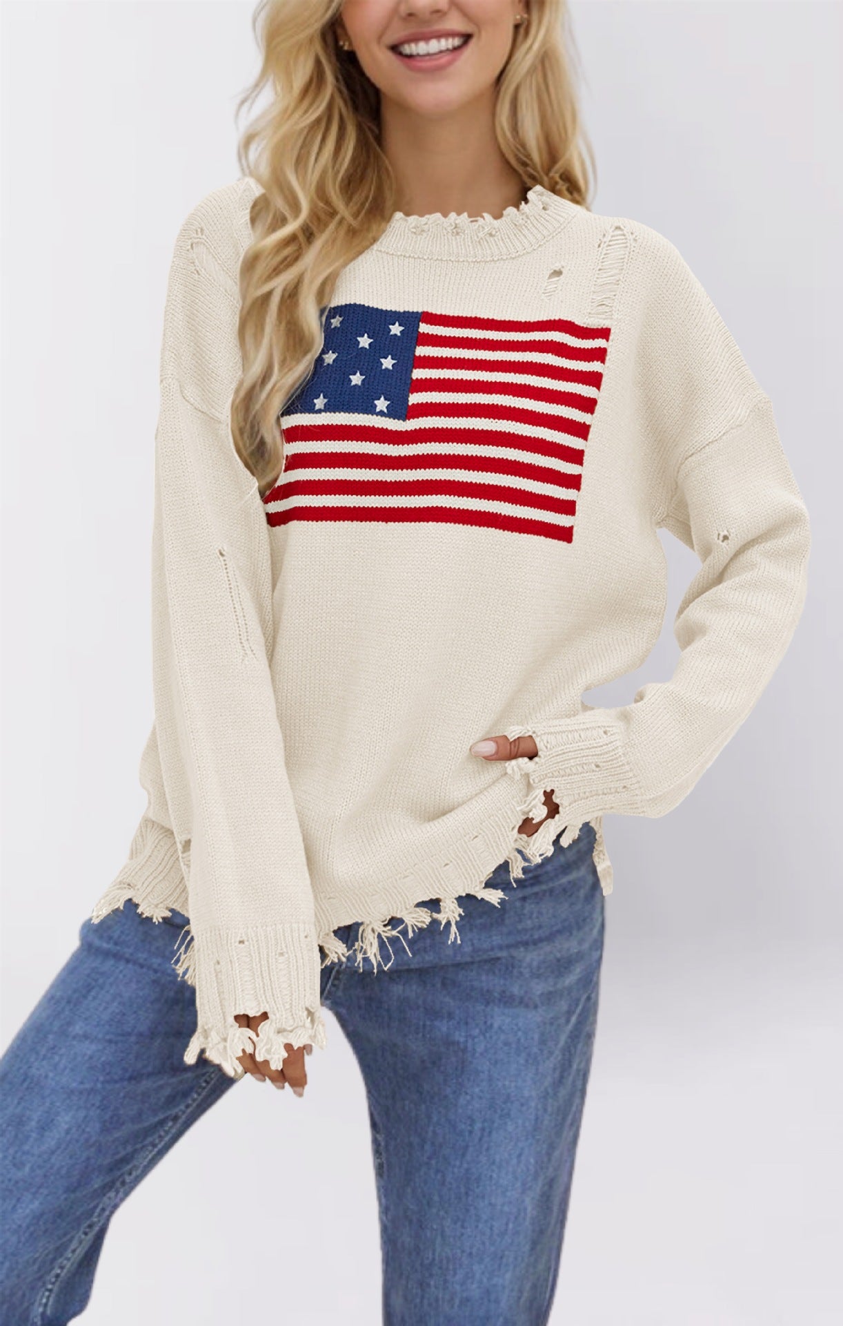Distressed American Flag Pattern Knit Sweater