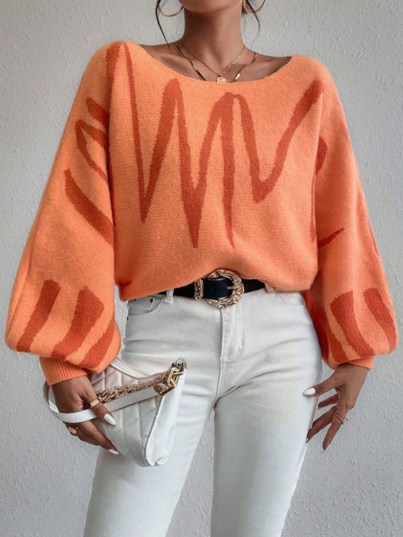 Abstract Line Pattern Lantern - Sleeve Knit Top