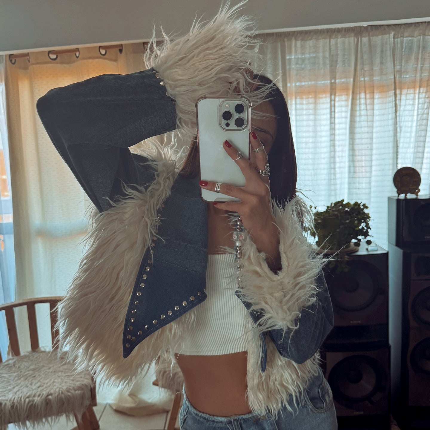 Fur - Panelled Rivet Denim Short Jacket