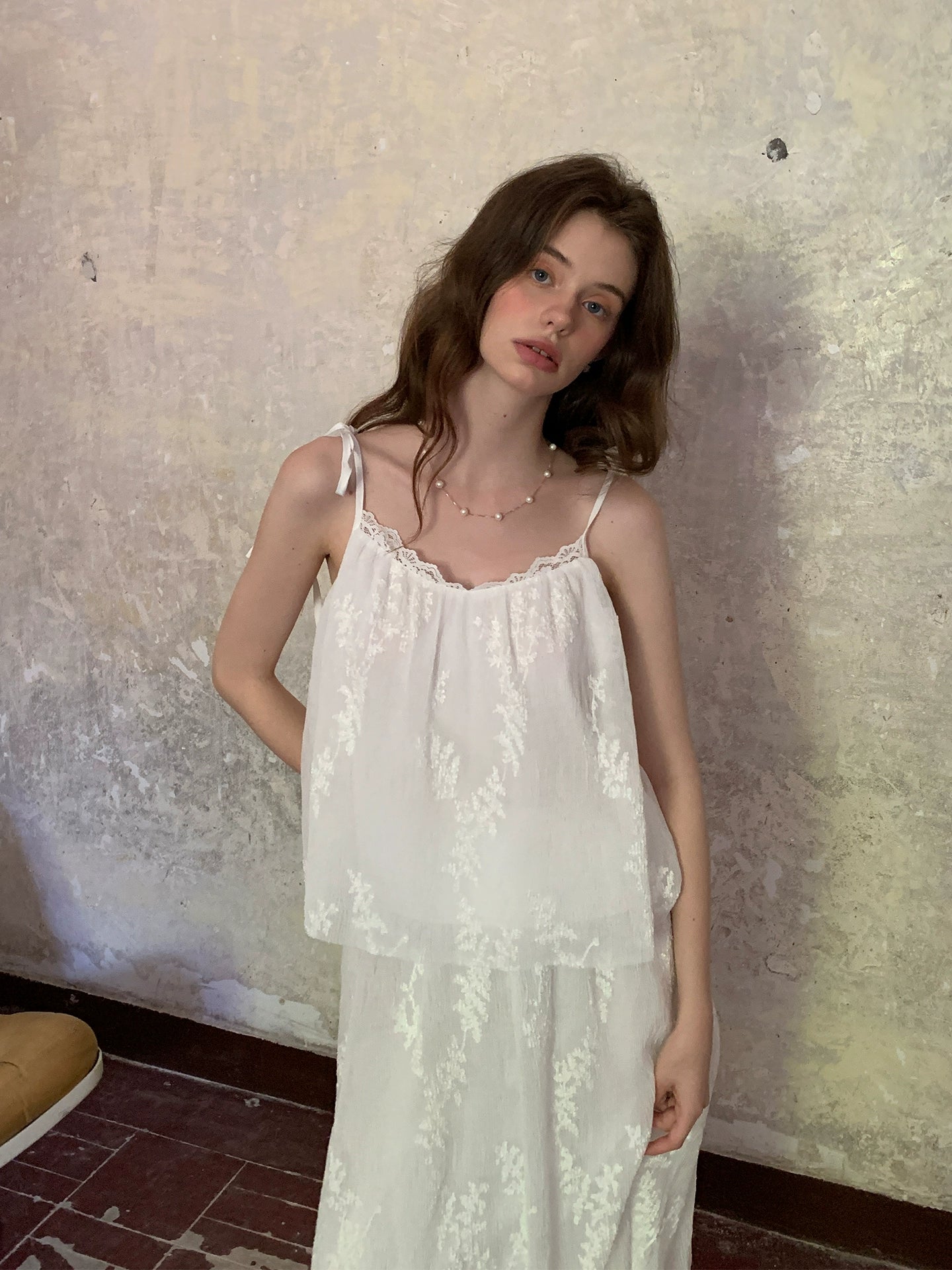 White Embroidered Spaghetti - Strap Two - Piece Maxi Dress