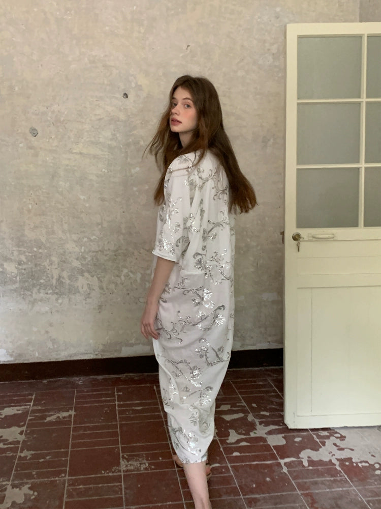 White Sequin - Embroidered V - Neck Half - Sleeve Maxi Dress