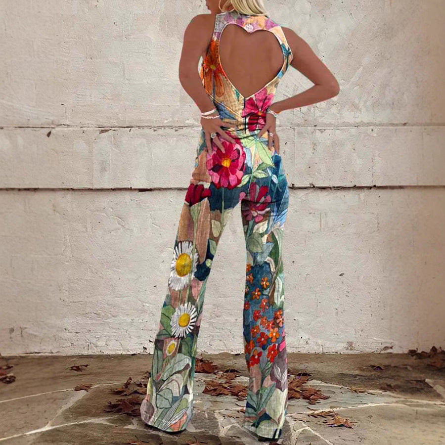 Retro Print Deep V - neck Flared - sleeve Jumpsuit