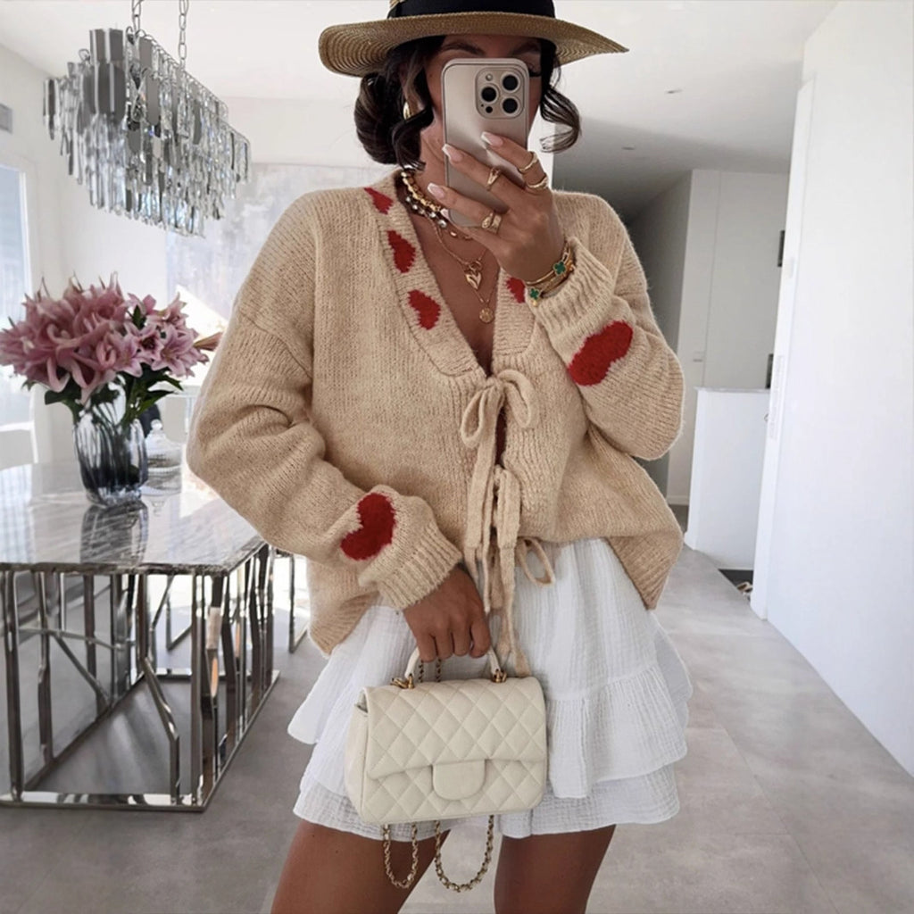 Camel Love - Pattern Tie - Front V - Neck Knit Cardigan