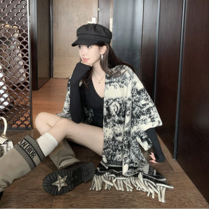 New Ink Painting Shawl High-End Travel Decoration Exterior Shawl Long Retro Cloak Tassel Cloak