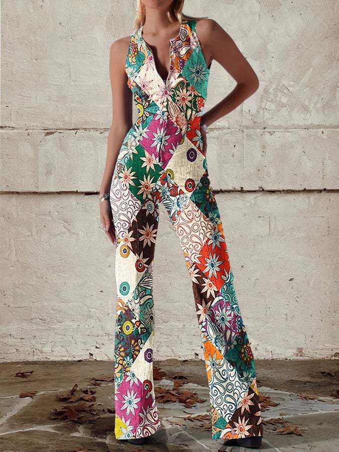Retro Print Deep V - neck Flared - sleeve Jumpsuit