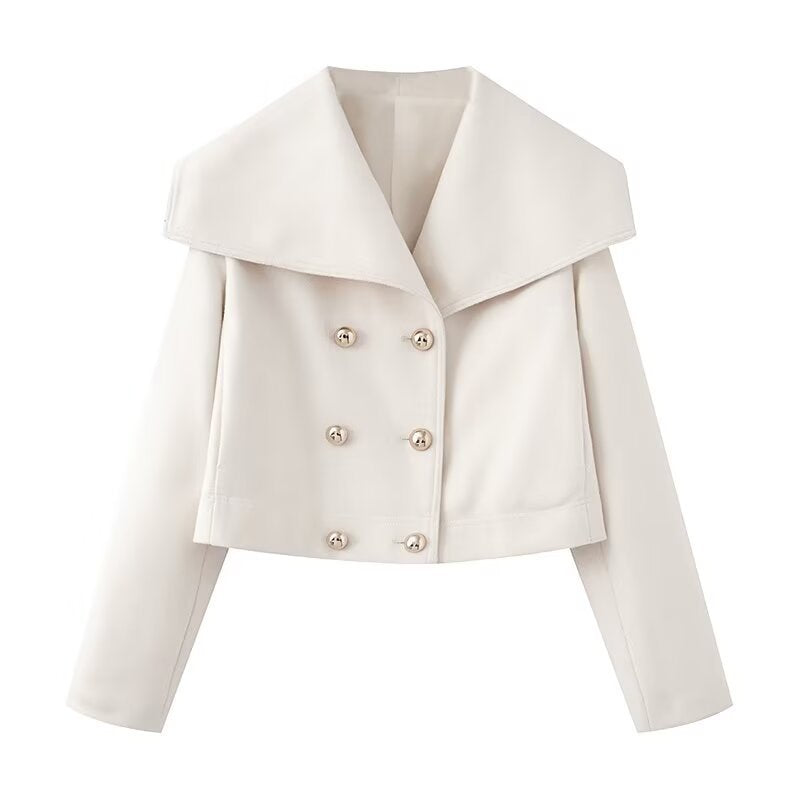 Crop Double - Breasted Wool Coat with Shawl Collar