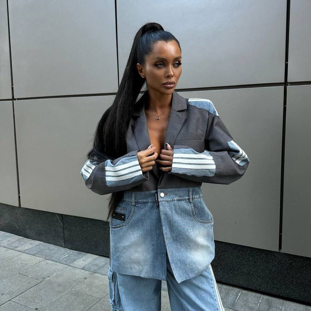 Color - Block Patchwork Suit - Collar Denim Jacket