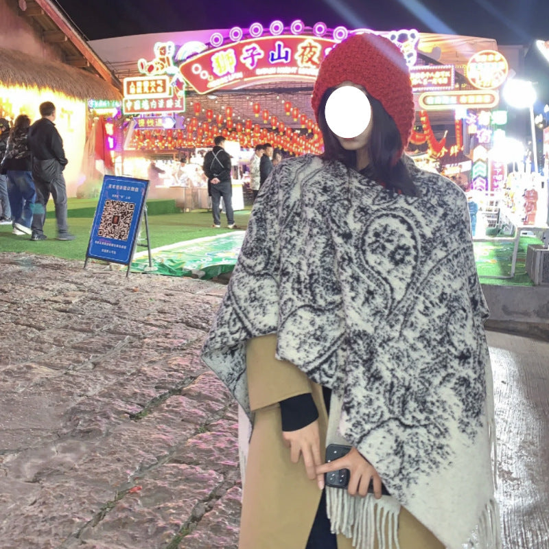 New Ink Painting Shawl High-End Travel Decoration Exterior Shawl Long Retro Cloak Tassel Cloak